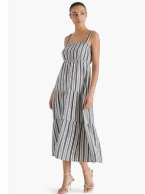 Steve Madden Alissa Stripe Tiered Cotton Gauze Midi Dress Size Small - Gray